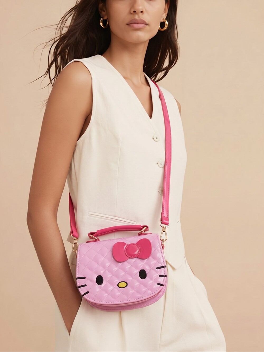 Hello Kitty Quilted Crossbody Bag Pink Patent Bow Sanrio Kawaii Handbag Y2K Gift